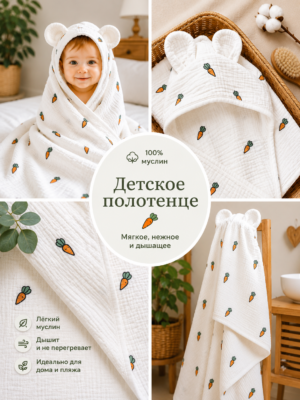 Нежное детское полотенце-пончо из жатого муслина